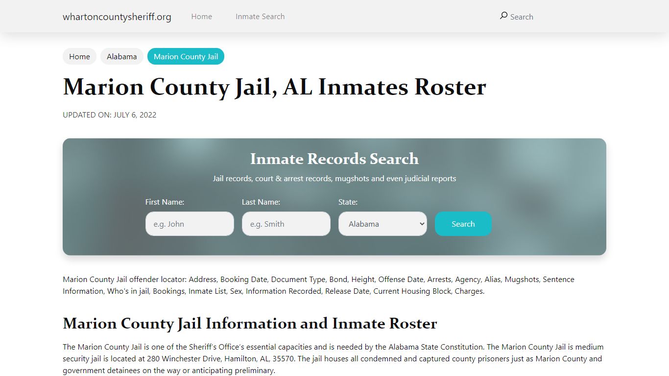 Marion County Jail, AL Jail Roster, Name Search